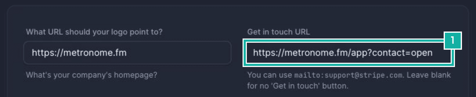 Status page settings. Number 1 marks https://metronome.fm/app?contact=open under Get in touch URL.