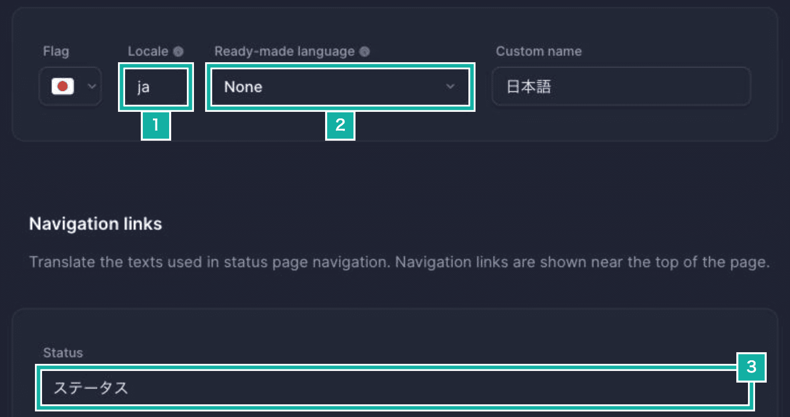Translation settings. Number 1 marks ja under Locale, number 2 marks None under Ready-made language, number 3 marks the Japanese text in the Status field.