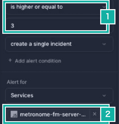 Alert settings in Better Stack. Number 1 is the threshold that notifies at 3 or more, number 2 is the new source selected under Alert for