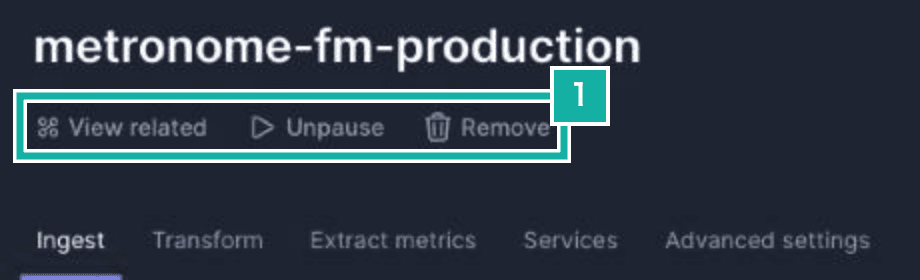 A source page in Better Stack. Number 1 is the actions under the source name: View related, Unpause, and Remove