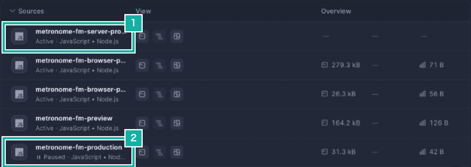 The list of sources in Better Stack. Number 1 is the newly created server source (Active), number 2 is the old source that no longer accepts logs (Paused)