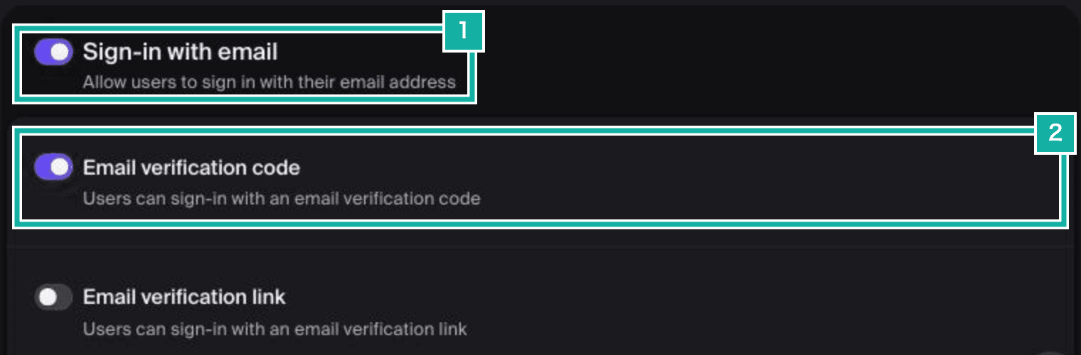 Clerk の Sign-in with email の設定。番号 1 は Sign-in with email のトグル、番号 2 は Email verification code のトグルで、どちらもオン