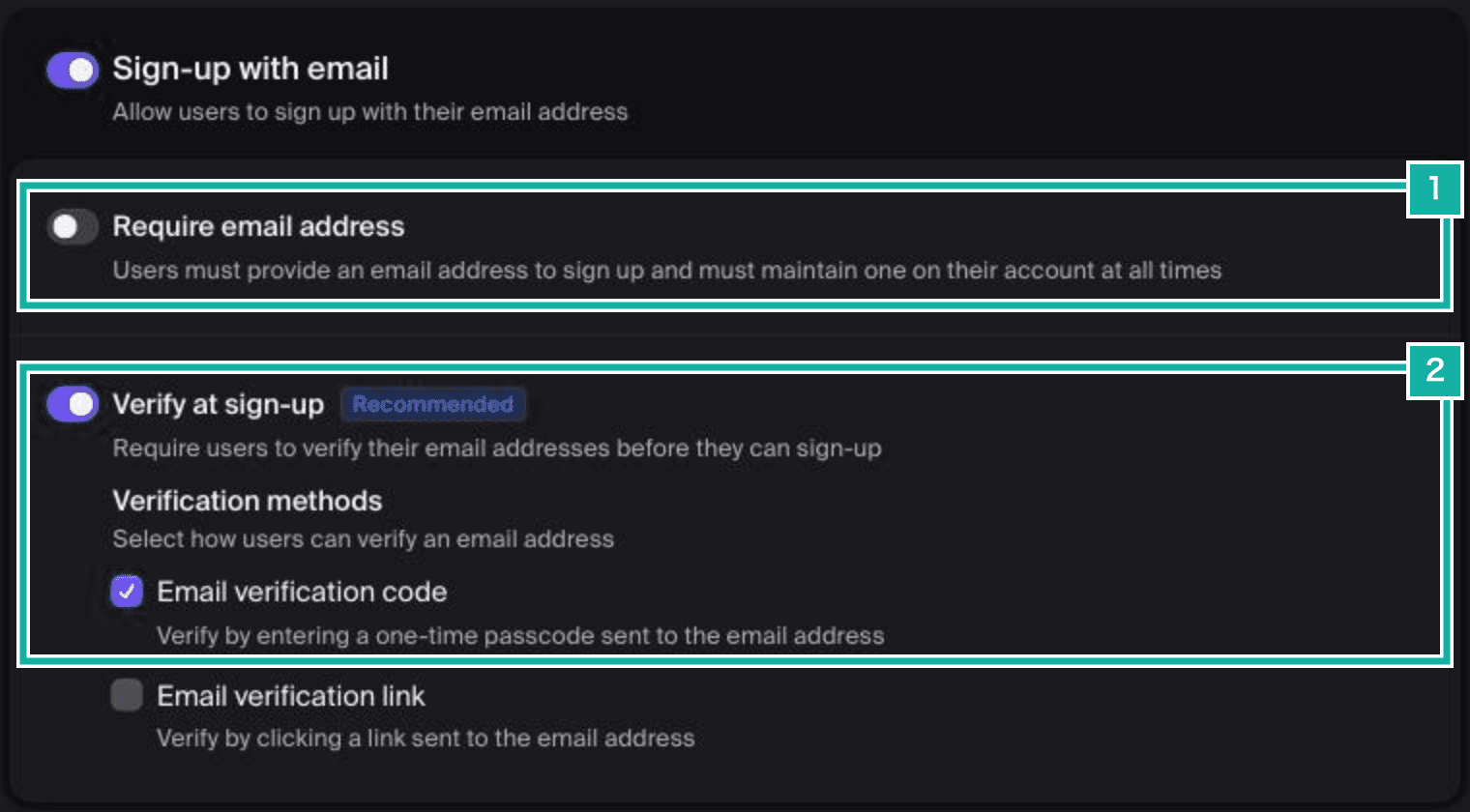 Clerk の Sign-up with email の設定。番号 1 は Require email address のトグルでオフ、番号 2 は Verify at sign-up のトグルと Email verification code のチェックでオン